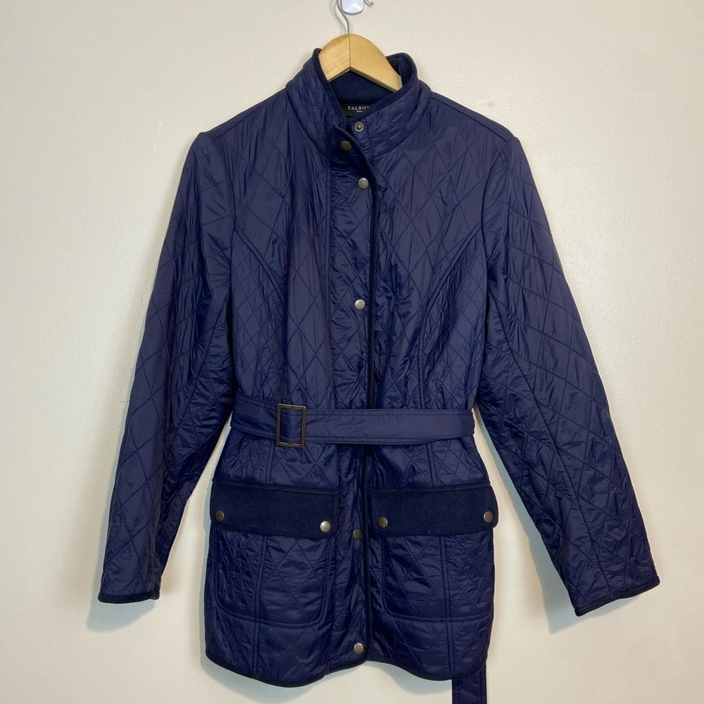 Talbots Woman Quilted Belted Fleece Lined Winter Jacket Navy Blue